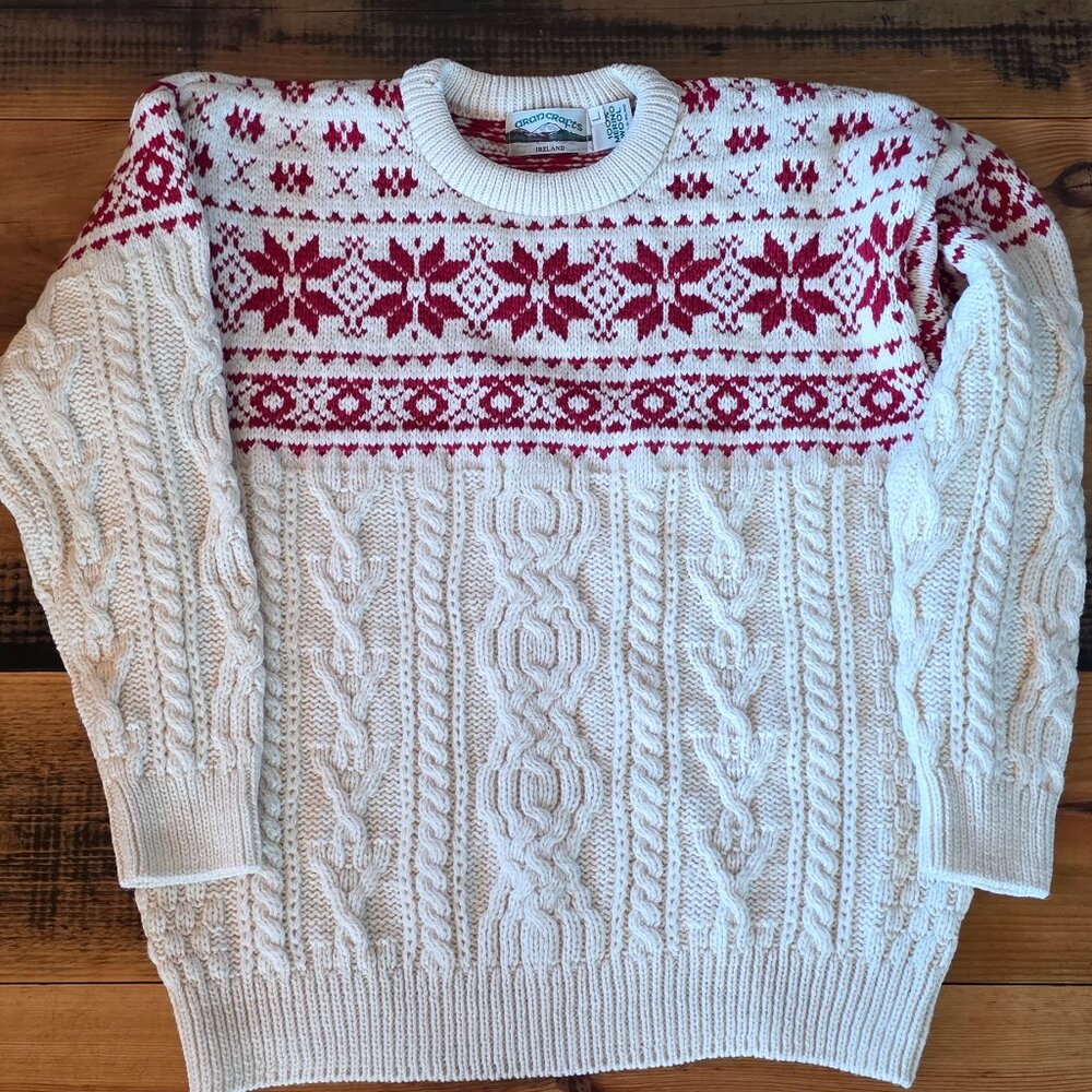 Vintage Aran Crafts Irish Merino Wool White / Red Fisherman's Sweater Size L